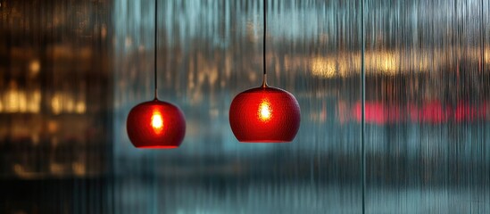 Aufkleber - Red pendant lights against a blurred, softly illuminated background with a cascading water effect, creating a warm and inviting ambiance.
