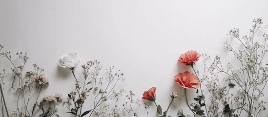 Aufkleber - Delicate arrangement of pink and white flowers with greenery on a soft white background showcasing various textures and natural beauty.