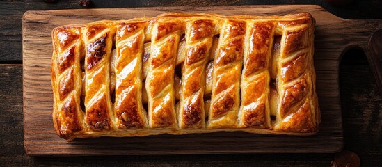 Poster - Flaky golden brown puff pastry filled with sweet caramelized apples arranged in diagonal lines on a rustic wooden surface perfect for dessert lovers