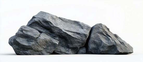 Aufkleber - Three jagged gray rocks clustered together on a white background showcasing rough textures and deep shadows enhancing their rugged appearance.