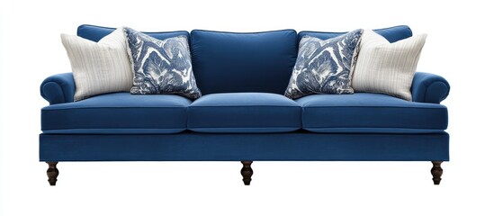 Aufkleber - Stylish blue sofa with decorative pillows centered on a plain backdrop, enhancing a cozy and inviting living room atmosphere.