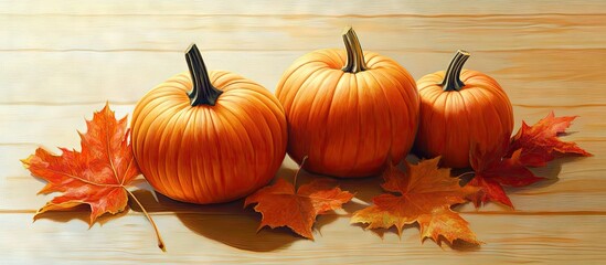 Poster - Three vibrant orange pumpkins of varying sizes, positioned on a wooden surface with autumn leaves scattered, showcasing warm fall colors.