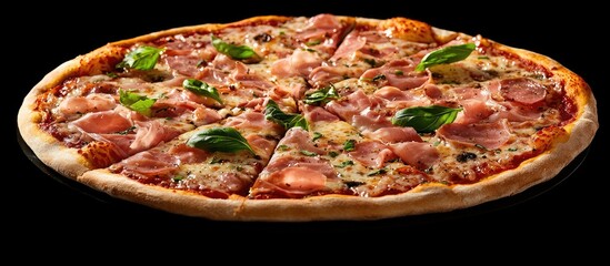 Poster - Delicious pizza with prosciutto slices and fresh basil on a black background showcasing vibrant colors and textures from a top view perspective.