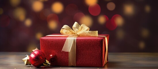 Poster - Festive red Christmas gift box adorned with golden ribbon placed on wooden surface with shimmering yellow and red bokeh background lights.