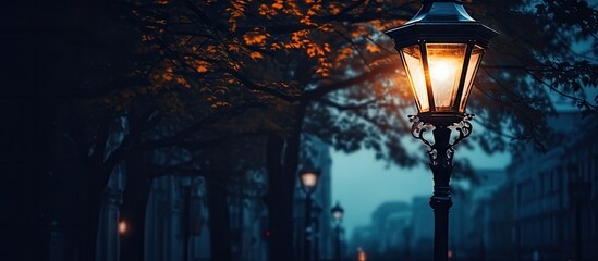 Poster - Glowing street lamp illuminating a dark urban pathway surrounded by trees with orange leaves under a twilight blue sky.