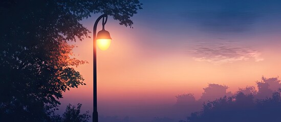 Poster - Twilight sky with soft purples and oranges, street light glowing warmly on the left, silhouetted trees in the foreground, serene evening atmosphere.
