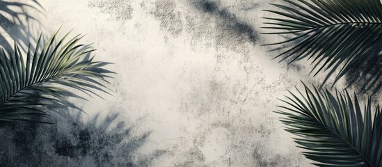 Fototapete - Tropical palm leaves cast soft shadows on a textured concrete background creating a serene summer travel vibe in muted greens and grays.