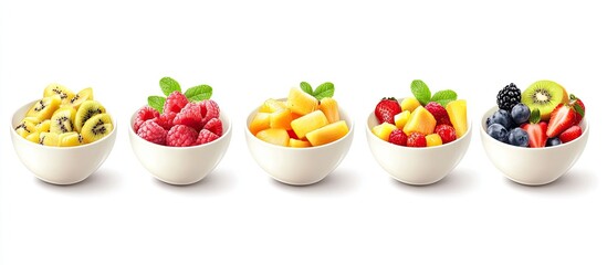 Poster - Colorful assortment of fruit salads in five white bowls arranged in a row on a clean white background showcasing vibrant yellow raspberries kiwis and berries