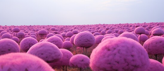 Poster - Vibrant pink Kochia plants create a whimsical landscape in Hitachi Seaside Park with soft pastel hues and ample copy space for creative use