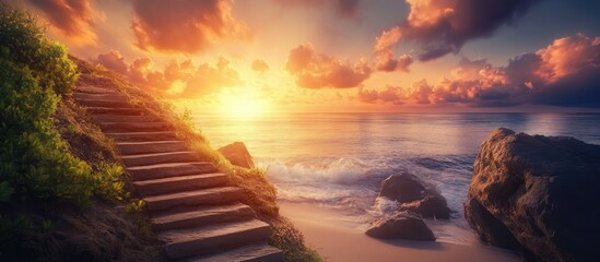 Poster - Coastal sunrise with wooden stairs ascending a rocky beach, vibrant oranges and soft yellows in sky, tranquil ocean waves below, natural beauty showcased.