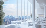 Modern restaurant, city view, skyscraper dining, panoramic window, minimalist design, breakfast, lunch, dinner