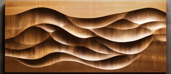 Aufkleber - Detailed wooden wall art featuring flowing wave patterns in warm brown tones, with soft lighting highlighting the curves across the surface.