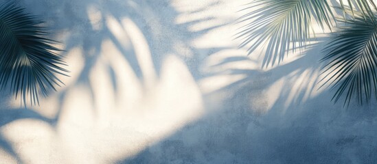 Leinwandbilder - Soft pastel shadows of tropical palm leaves on light textured concrete surface with a blue hue creating a serene summer travel ambiance