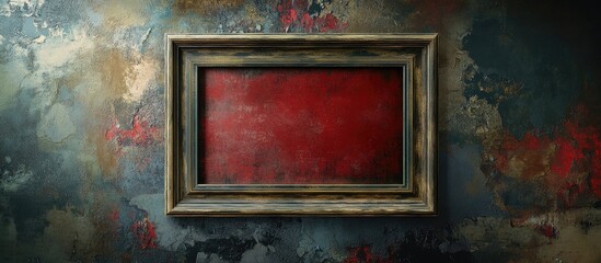 Fototapete - Red rectangular blank frame on a textured dark and colorful wall, positioned centrally, showcasing the frame's ornate border with artistic background.