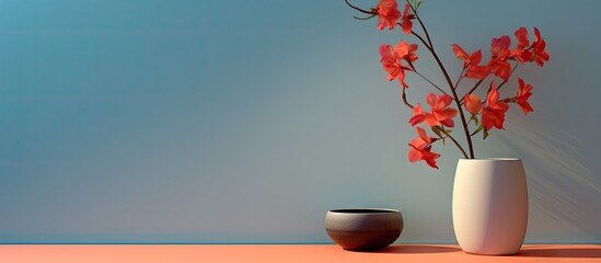 Poster - Elegant arrangement of white vase with pink flowers on a soft blue background and coral surface creating a serene and modern atmosphere.