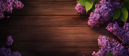 Poster - Lilac flowers in vibrant purple hues arranged along the top and bottom edges with a rich wooden background creating a warm rustic scene.