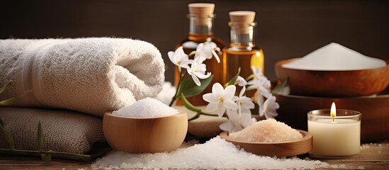 Poster - Aromatic spa setting featuring white towels on the left, wooden bowls of bath salts and oils in the center, delicate flowers, and a candle on the right.