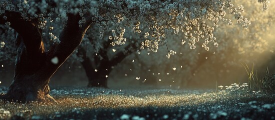 Aufkleber - Serene orchard scene with blooming trees in soft focus golden light, delicate petals floating in the air, creating a tranquil spring atmosphere.