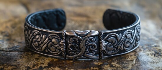 Poster - Handcrafted silver bohemian leather cuff bracelet with intricate engraved patterns showcased on a rustic stone surface in natural lighting.
