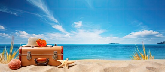 Poster - Summer holiday concept featuring a sandy beach with a brown suitcase, seashells, and a starfish under a bright blue sky and tranquil sea.