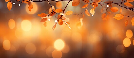 Poster - Wooden surface with knife and fork on the left side surrounded by autumn leaves and soft orange bokeh background creating a warm dining atmosphere