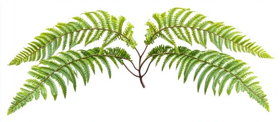 Poster - Vibrant green fern leaves arranged symmetrically with a central brown stem on a clean white background showcasing tropical foliage beauty.