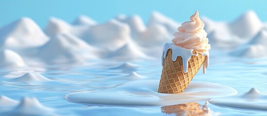 Poster - Melting ice cream cone with pink swirl atop resting in creamy blue pool against a soft blue background highlighting temperature effects on solids
