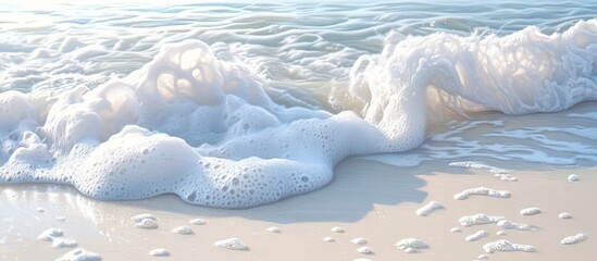 Poster - Gentle ocean waves lapping onto a pristine white sandy beach with foamy edges reflecting soft daylight tones in a serene coastal scene.