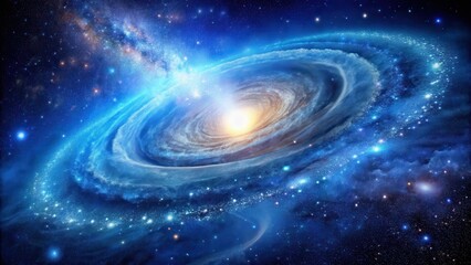 swirling blue spiral galaxy surrounded by a halo of bright stars and shimmering cosmic dust in space