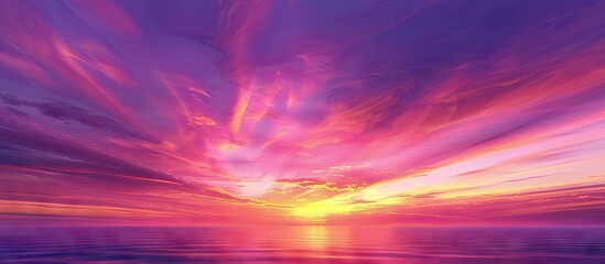 Poster - Vibrant sunset with purple and pink hues illuminating the sky above a calm ocean reflecting the light perfect for serene background use