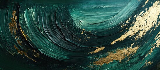 Poster - Abstract oil painting with flowing green and gold brush strokes creating a textured wave effect highlighted against a dark background.