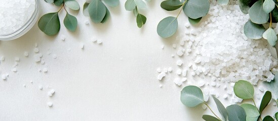 Poster - Fresh eucalyptus leaves in soft green hues surround a pile of white salt on a neutral background, highlighting natural wellness and self-care concepts.