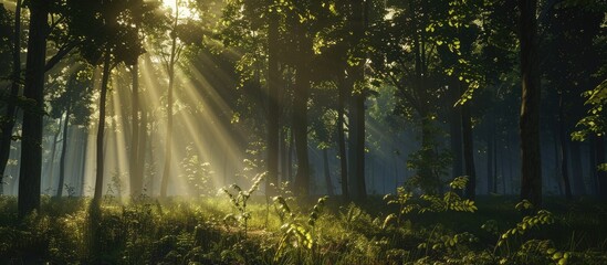 Fototapete - Sunlight beams penetrate dense green foliage in a tranquil forest setting creating a serene ambiance with soft brown earth tones and ample copy space