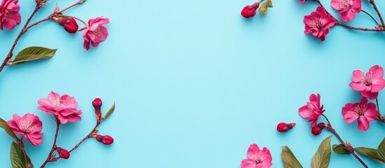 Aufkleber - Magenta cherry blossom branches frame a vibrant blue background with pink flowers creating an elegant border for a fresh spring theme.