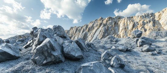 Aufkleber - Crushed gray rock formations scattered across rugged terrain under a bright blue sky with fluffy white clouds in the background
