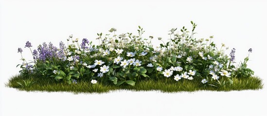 Poster - Vibrant green grass with diverse wildflowers including white daisies and purple blooms, arranged horizontally against a clean white background.