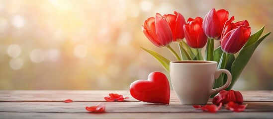 Aufkleber - Red and pink tulips in a white cup with a red heart on a wooden table against a soft blurred background in warm tones of light