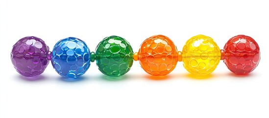 Aufkleber - Colorful set of round beads in purple, blue, green, yellow, and red arranged horizontally on a white background ideal for children's craft activities