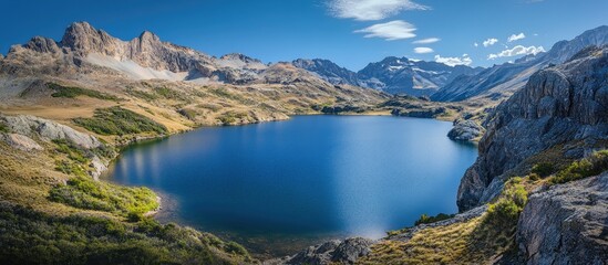 Aufkleber - Majestic mountains in shades of brown and gray tower around a serene blue lake reflecting the clear sky, blending rugged beauty with tranquil waters.