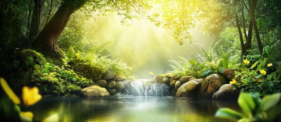 Aufkleber - Serene spring forest scene featuring a gentle stream flowing over rocks with lush greenery and soft sunlight filtering through trees