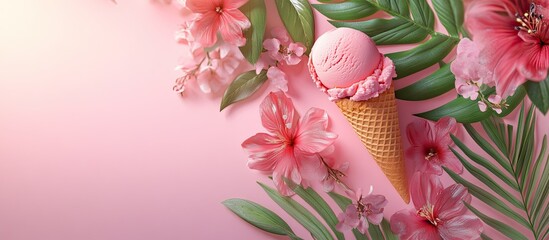 Poster - Ice cream cone with pink scoop surrounded by pink flowers and green leaves on a soft pastel pink background square layout top view