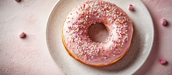 Poster - Delicious pink frosted donut with sprinkles on a pale beige plate against a soft pink background, creating a sweet and inviting atmosphere.