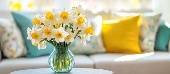 Aufkleber - Colorful daffodils in a glass vase on a white table with turquoise and yellow pillows in a bright modern living room setting.