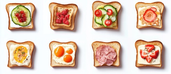 Poster - Assorted toast bread slices topped with fresh vegetables and eggs on a clean white background arranged in an 8-grid layout from above.