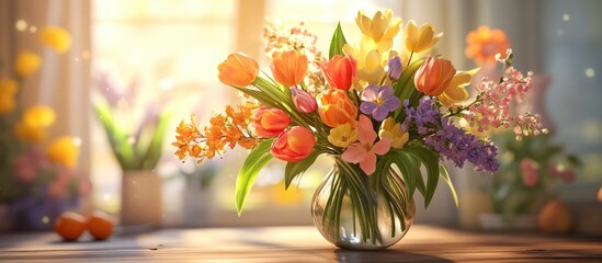 Poster - Vibrant springtime tulips and mixed flowers in a clear glass vase on a wooden table with warm sunlight creating a fresh and cozy ambiance