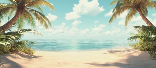 Poster - Tropical beach scene featuring golden sand with lush green palm trees on both sides and a serene turquoise ocean under a clear blue sky