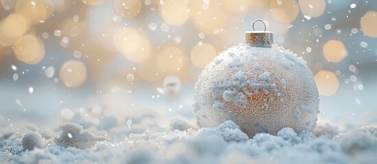 Poster - Snow-covered Christmas ornament on a soft snowy surface with golden bokeh lights in the blurred background creating a festive atmosphere