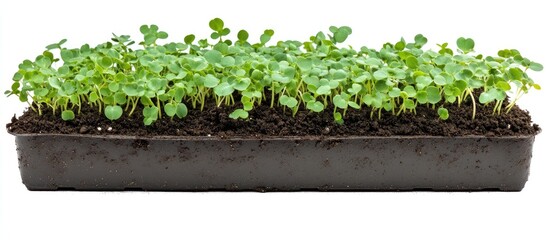 Aufkleber - Green seedlings thriving in a black planting tray on a white background, showcasing healthy growth and vibrant green hues in a horizontal arrangement.