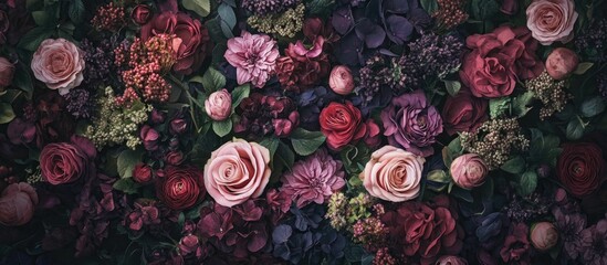 Aufkleber - Vibrant floral backdrop featuring various roses and greenery in deep reds, purples, and pinks with a soft blur at the corners creating depth.