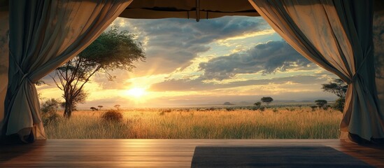 Poster - Serene safari tent interior with large open windows revealing vibrant golden sunrise over vast grassy plains and scattered trees creating a tranquil ambiance